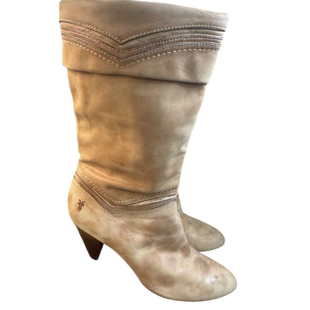 Frye Simone Cuff Mid-Calf Leather Natural Tan Boots Size 8 With Stacked Heel